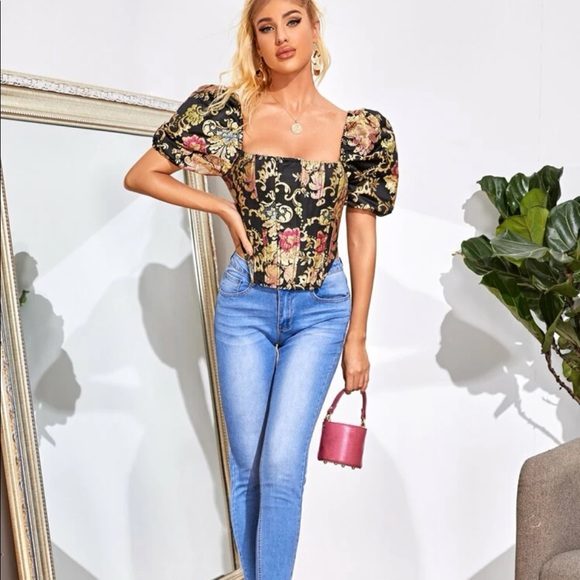 Puff sleeve top floral gold black jacquard runway fashion womens - Picture 5 of 5